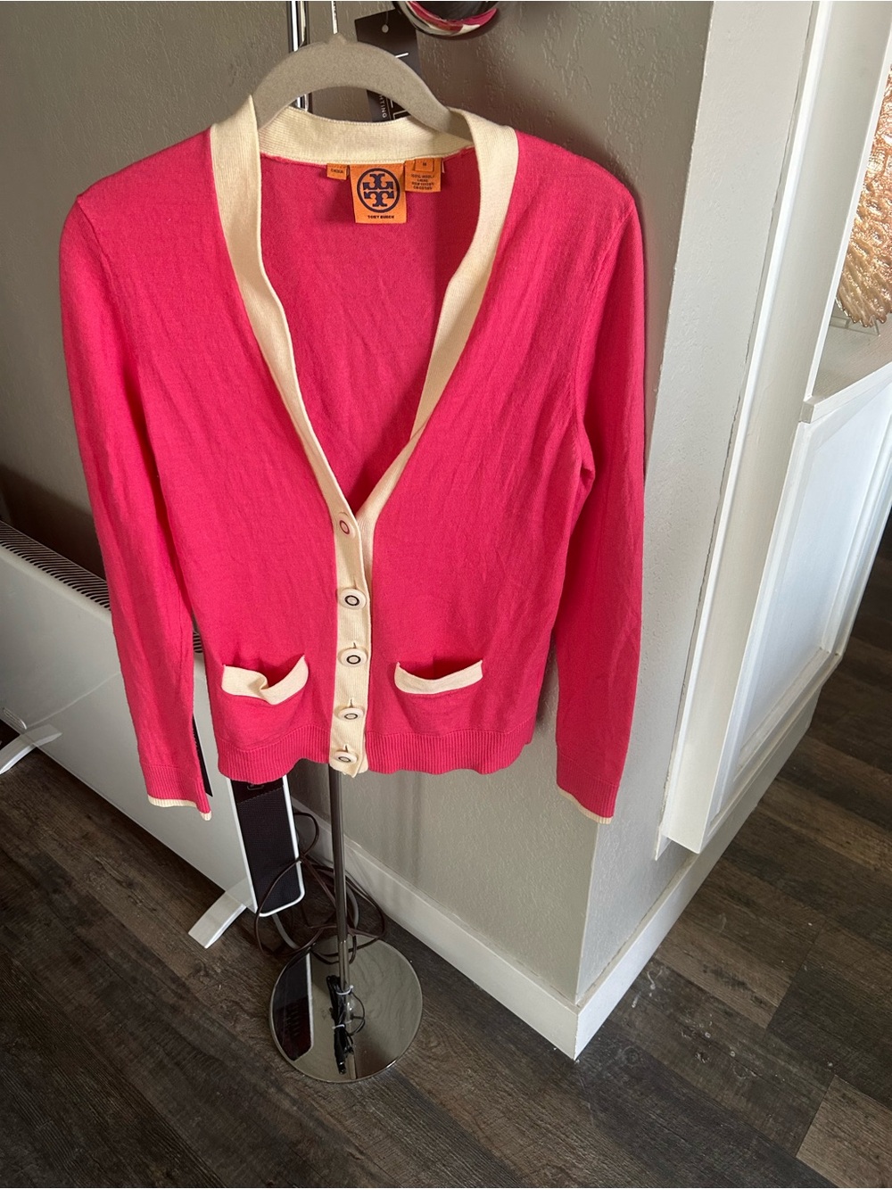 Tory Burch Hot Pink Wool Cardigan with Cream Trim